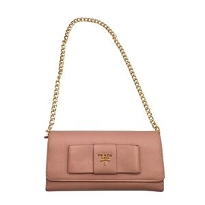 PRADA Milano Saffiano Pink Bow‎ Chain Wallet On Chain Crossbody Clutch Bag